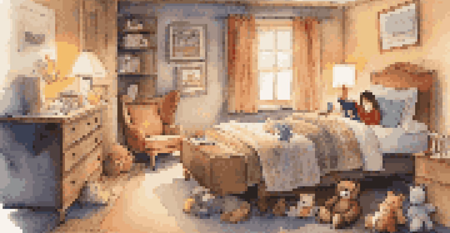 A child reading a bedtime story in a hotel room, surrounded by toys and a cozy atmosphere.