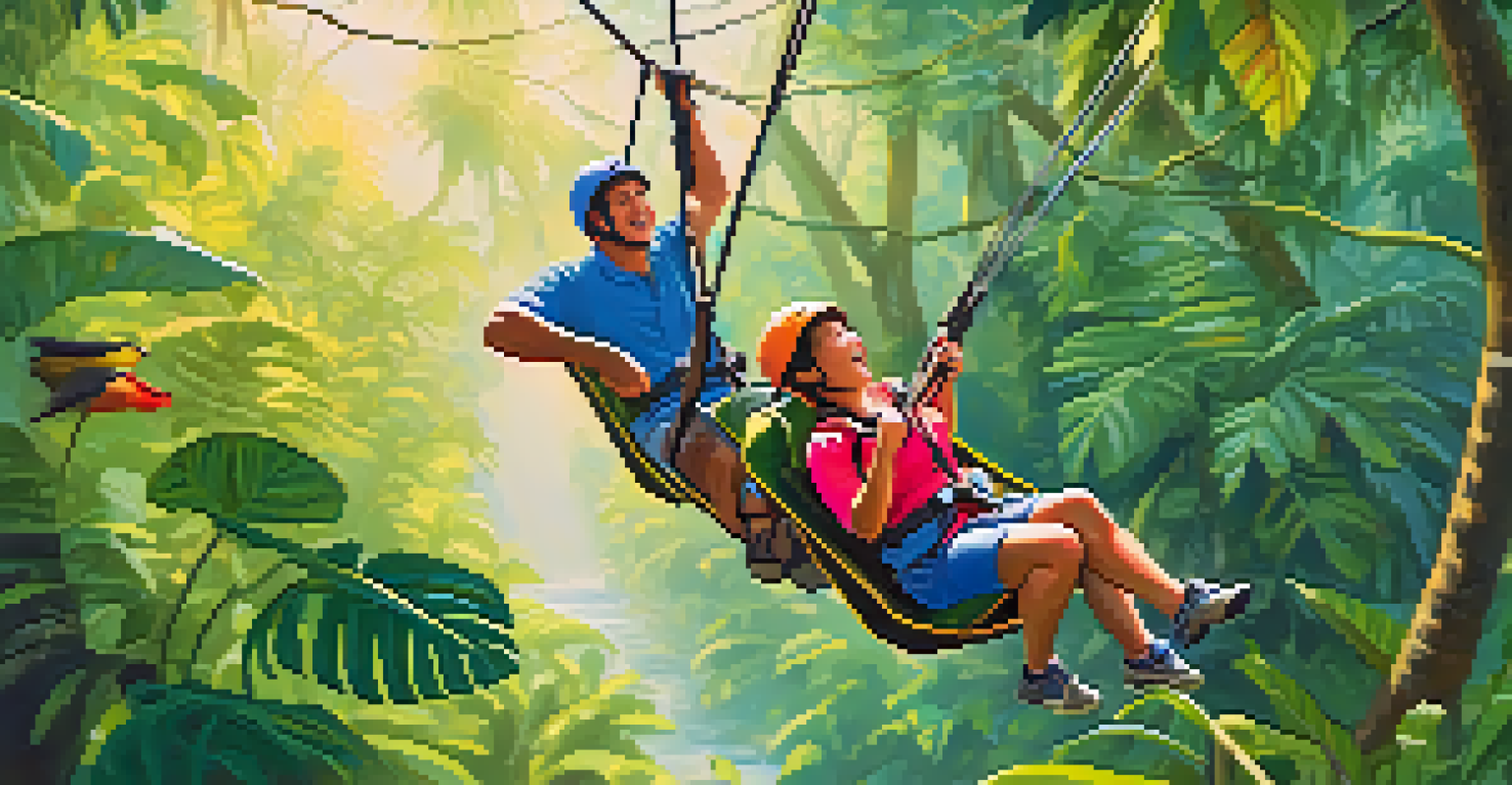 A family enjoying a ziplining adventure in a tropical rainforest, with bright foliage and birds in the background.