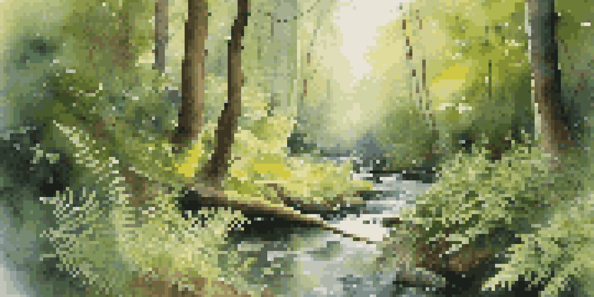 A tranquil forest scene with sunlight shining through trees and a clear stream surrounded by greenery and flowers.