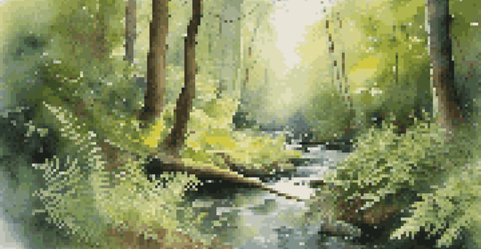 A tranquil forest scene with sunlight shining through trees and a clear stream surrounded by greenery and flowers.