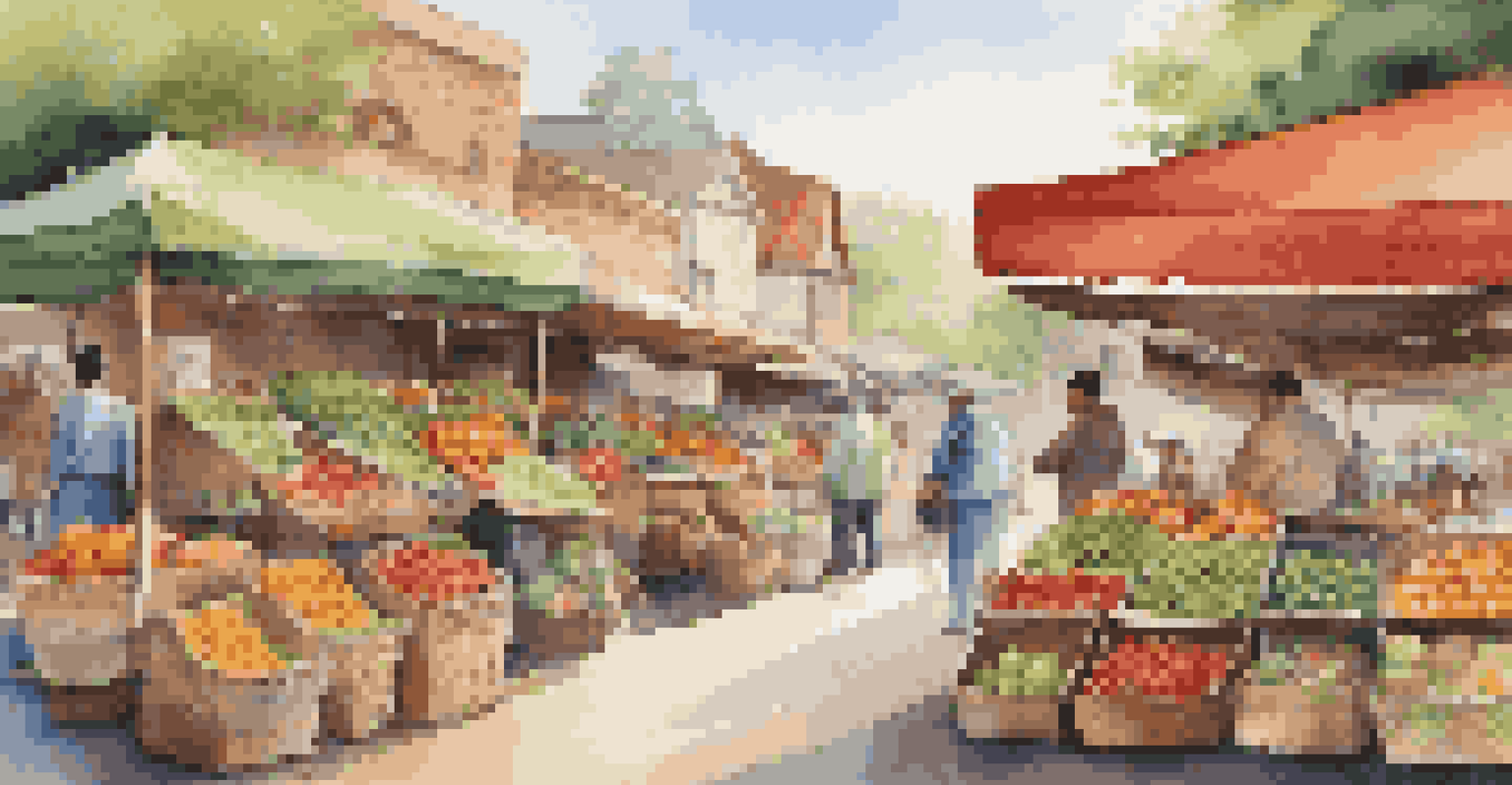 A bustling local market with colorful produce and people interacting with vendors, highlighting sustainable local businesses.