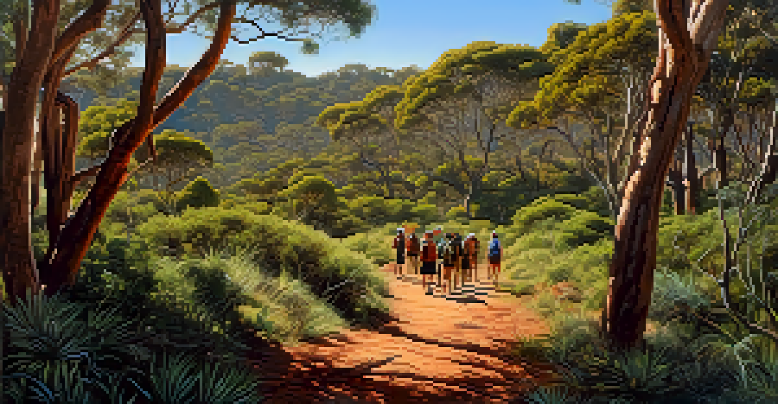 Travelers hiking in the Australian bush, learning about Indigenous culture with rock art in the background.