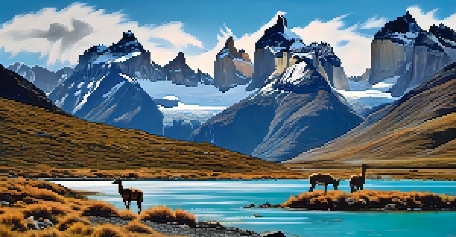 A panoramic view of Torres del Paine National Park with lakes, mountains, and a grazing guanaco.