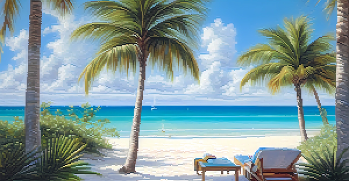 A tranquil beach scene at Grace Bay with white sands, clear waters, and lush greenery, featuring a couple of palm trees and beachgoers.