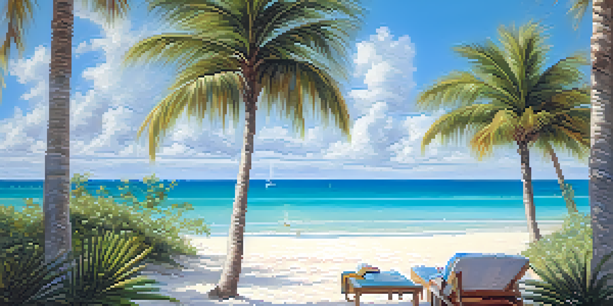 A tranquil beach scene at Grace Bay with white sands, clear waters, and lush greenery, featuring a couple of palm trees and beachgoers.