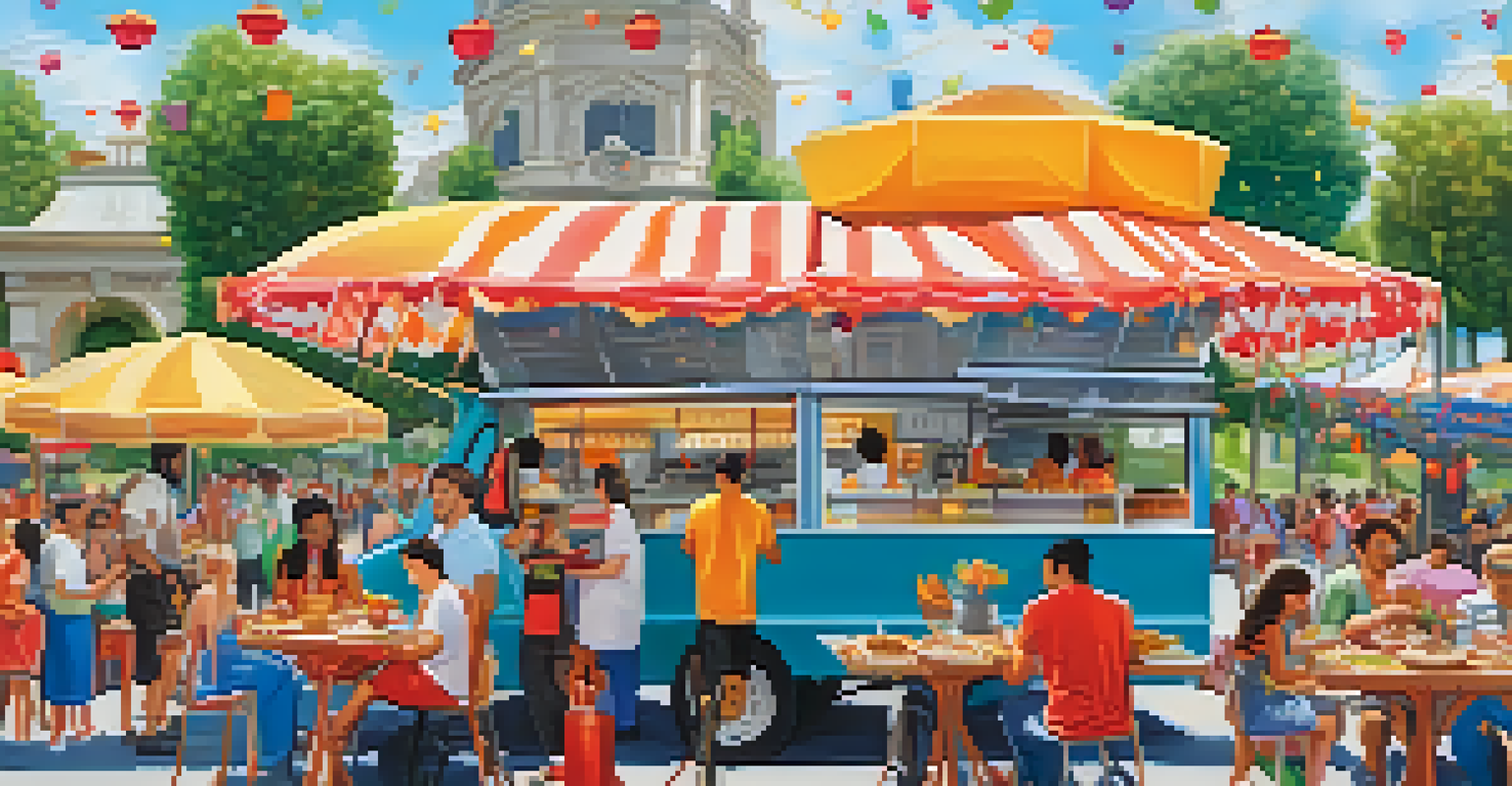 An outdoor food festival with various colorful food trucks, people dining at picnic tables under umbrellas, and a lively atmosphere.