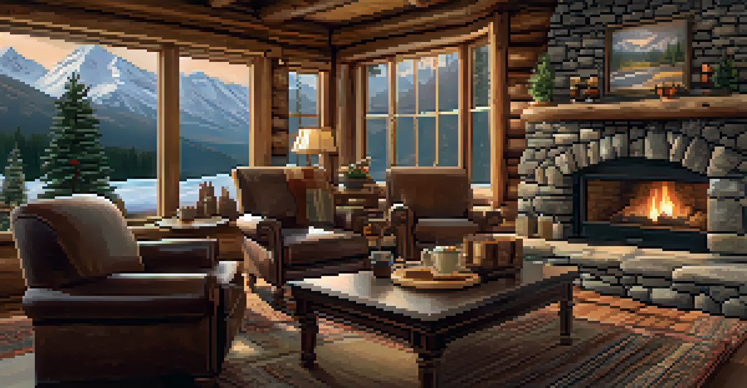 A warm and inviting lodge interior with a fireplace, comfortable seating, and a view of snow-capped mountains.