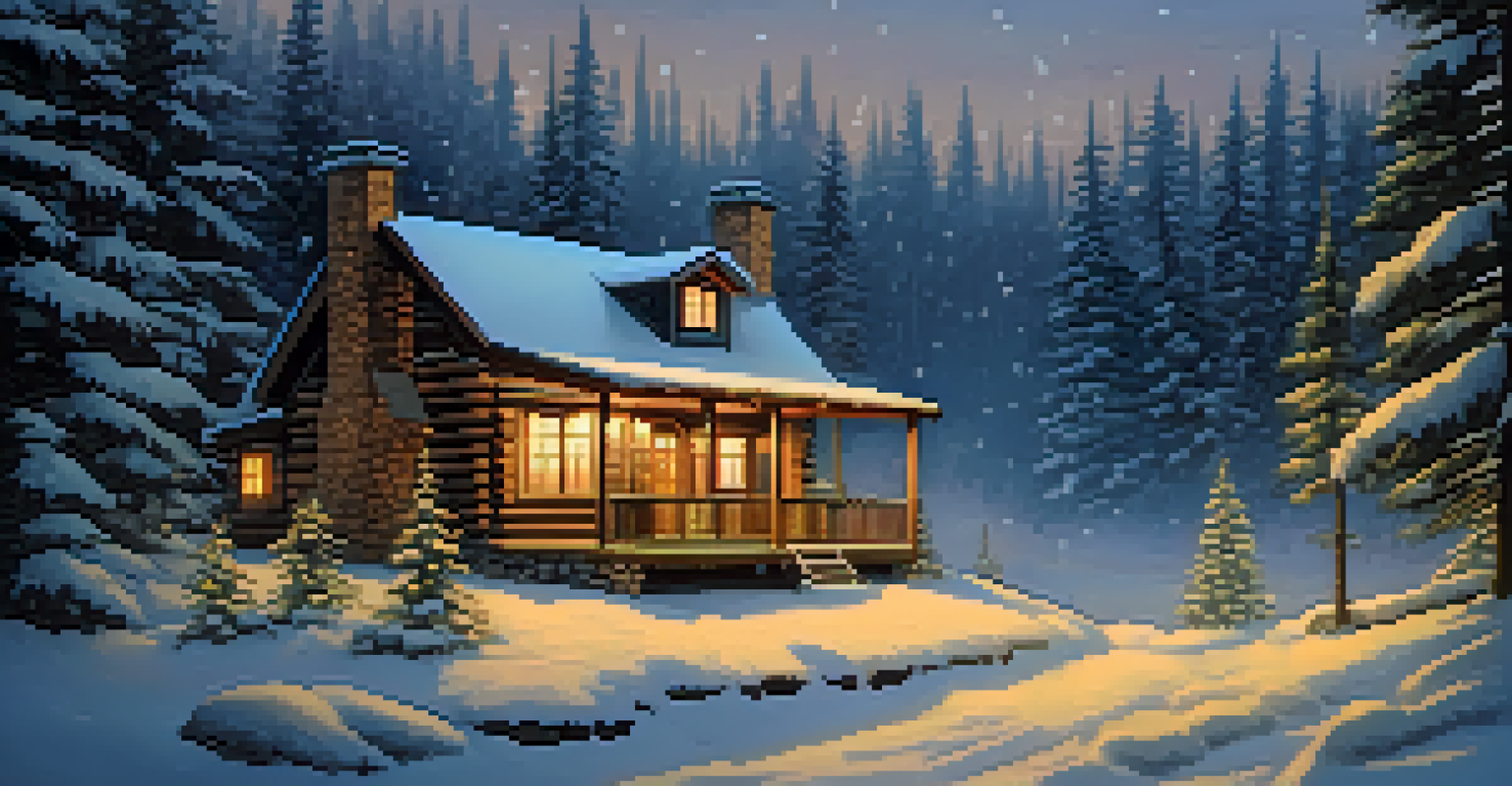 A warm cabin in a snowy forest during evening, with smoke from the chimney and glowing windows, surrounded by falling snowflakes.