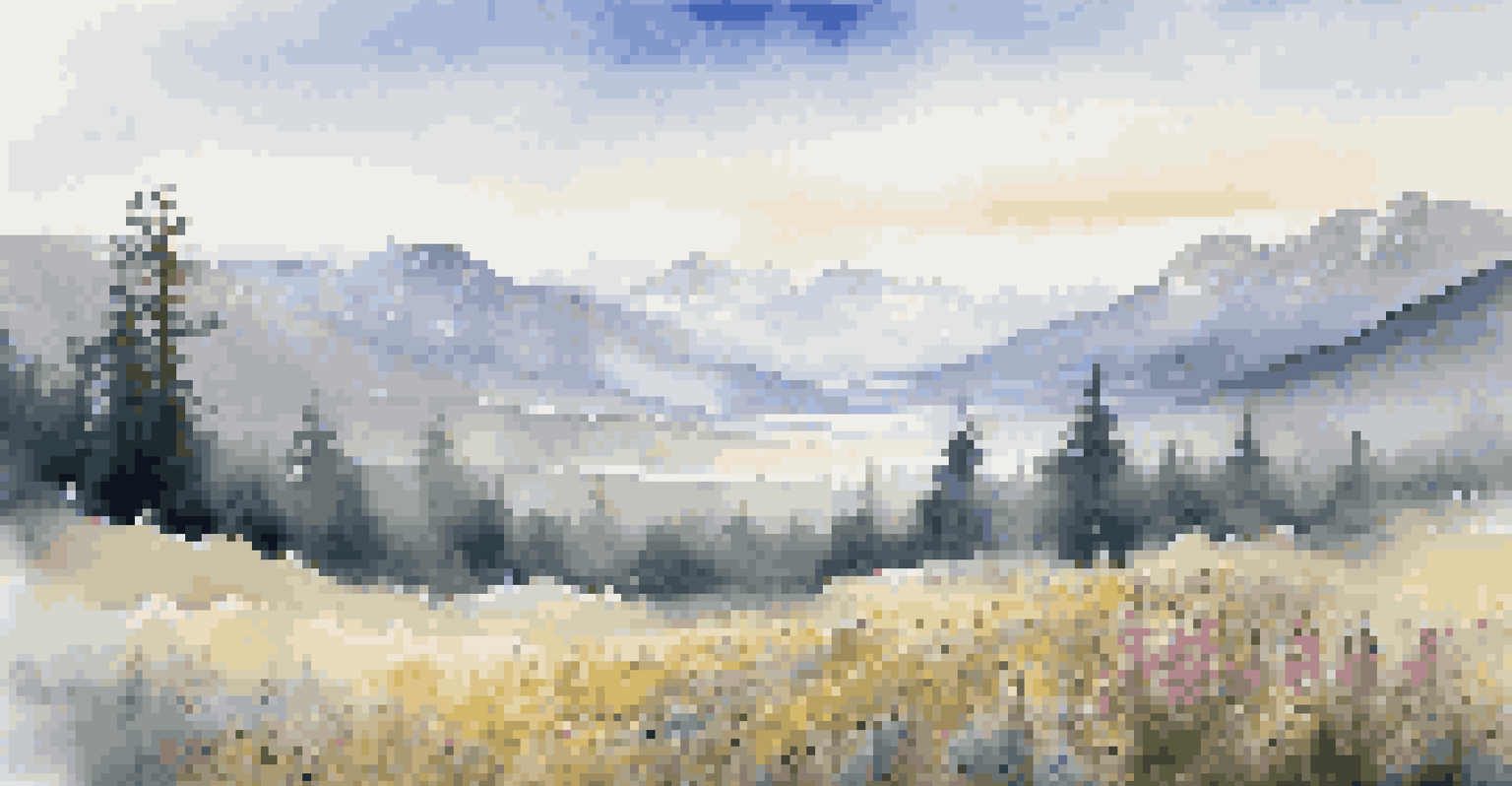 A peaceful mountain landscape with wildflowers in the foreground and a mountain range in the background, illuminated by soft morning light and surrounded by mist.