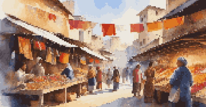 A lively market scene with diverse people exchanging crafts and engaging in conversation, with colorful stalls and flags.