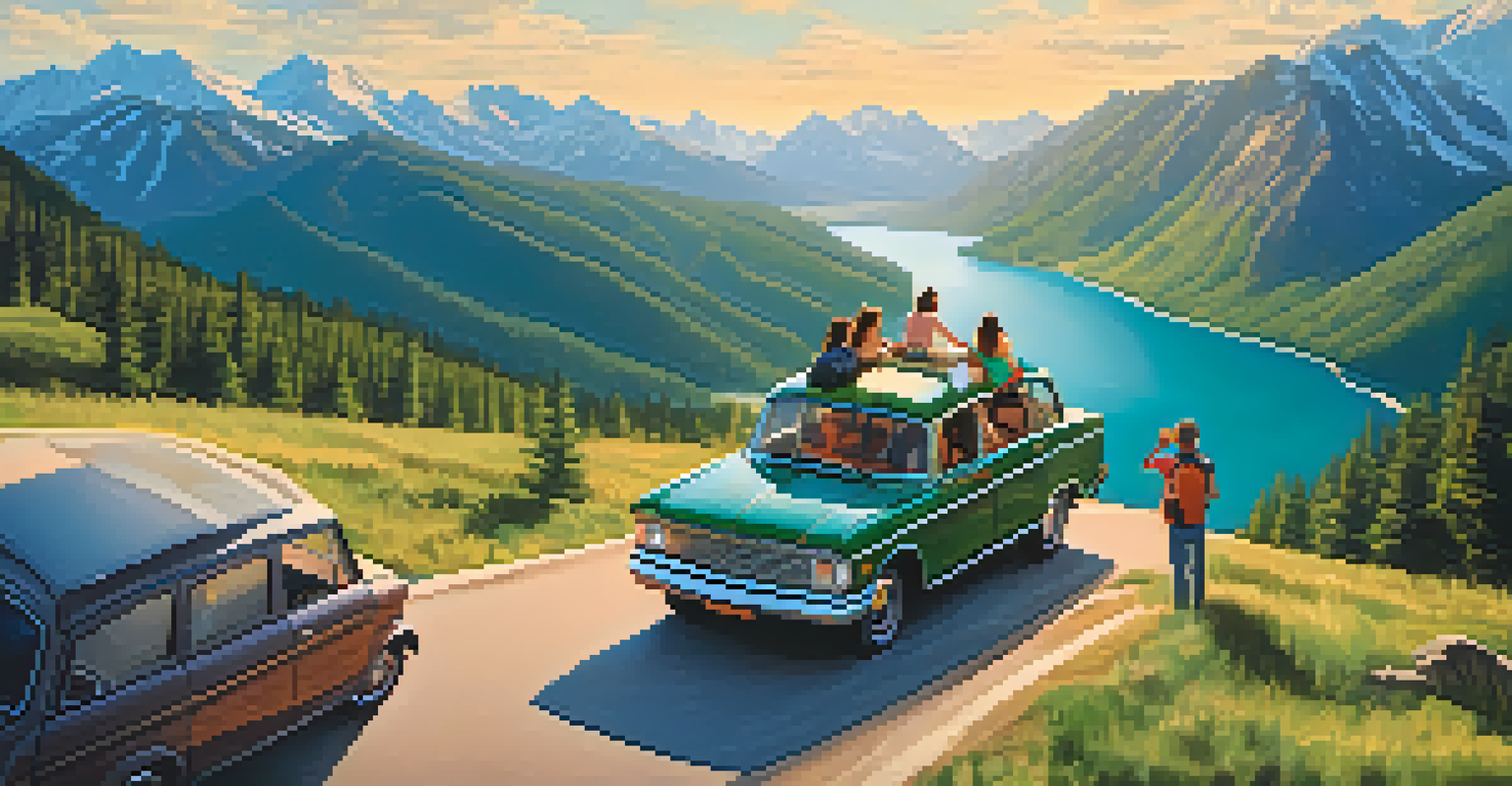 A group of friends carpooling with camping gear in a car parked on a scenic road leading to a national park.