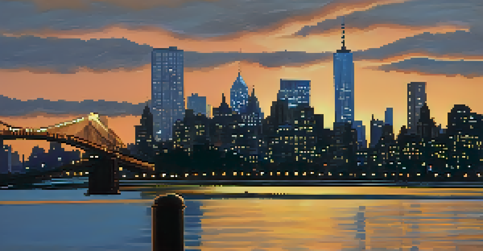 A panoramic view of the Manhattan skyline from Roosevelt Island at sunset, with reflections on the East River.