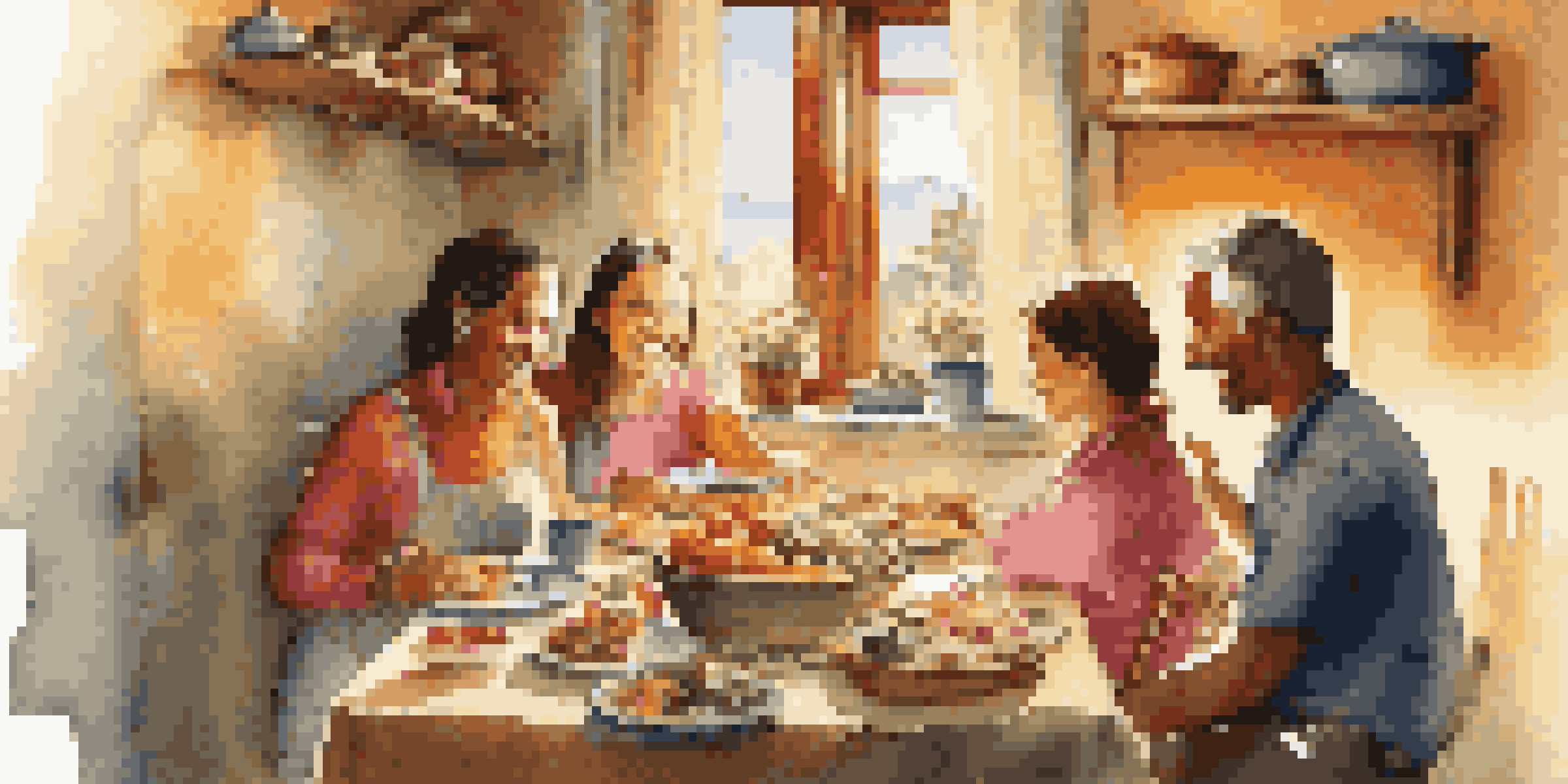A young traveler enjoying a meal with a host family in an Italian kitchen, surrounded by colorful dishes and warm sunlight.