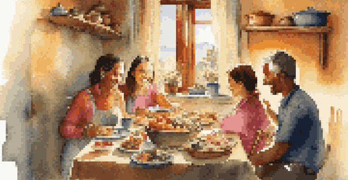 A young traveler enjoying a meal with a host family in an Italian kitchen, surrounded by colorful dishes and warm sunlight.