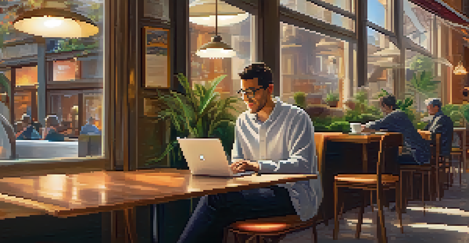 A person at a café reading an airline newsletter on a laptop, with a steaming cup of coffee and a cozy ambiance around them.