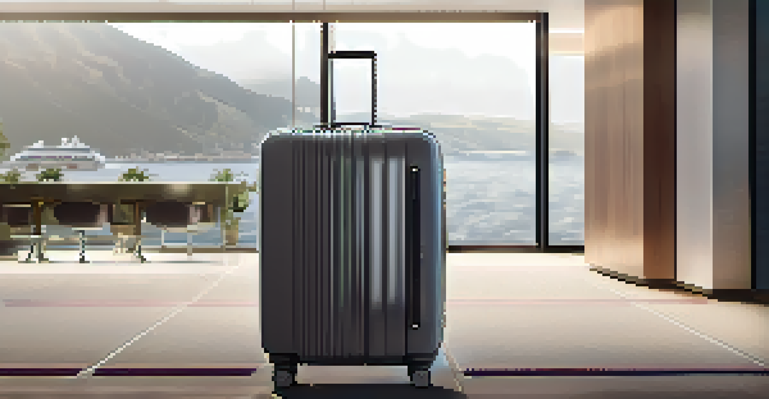 A smart luggage model with a biometric lock and scale on a display table in a stylish hotel lobby, illuminated by soft lighting.