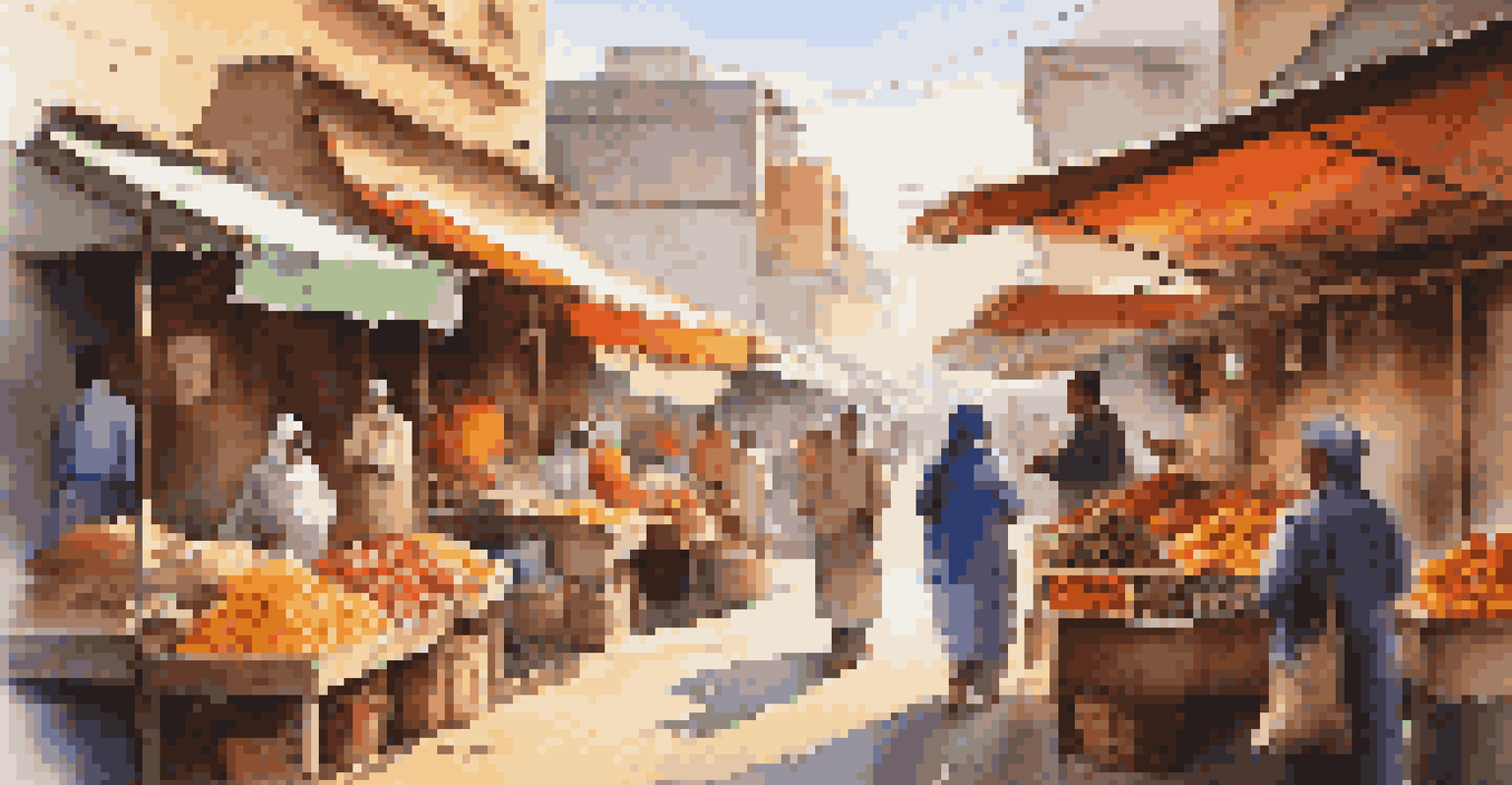 A traveler reading a book in a colorful market, surrounded by stalls and people.