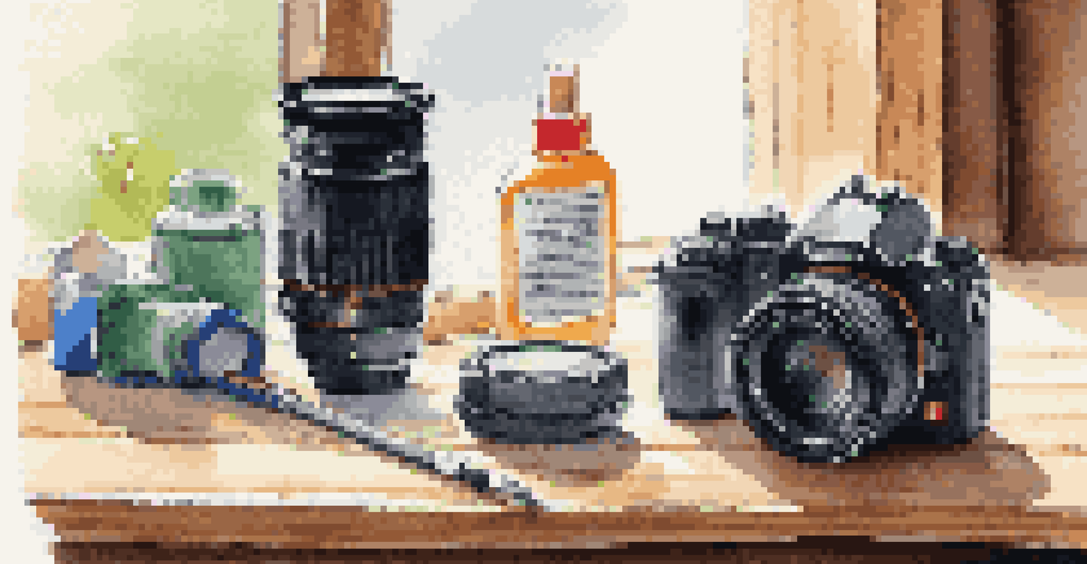 A compact camera setup with a zoom lens and cleaning supplies on a wooden table, illuminated by natural light.