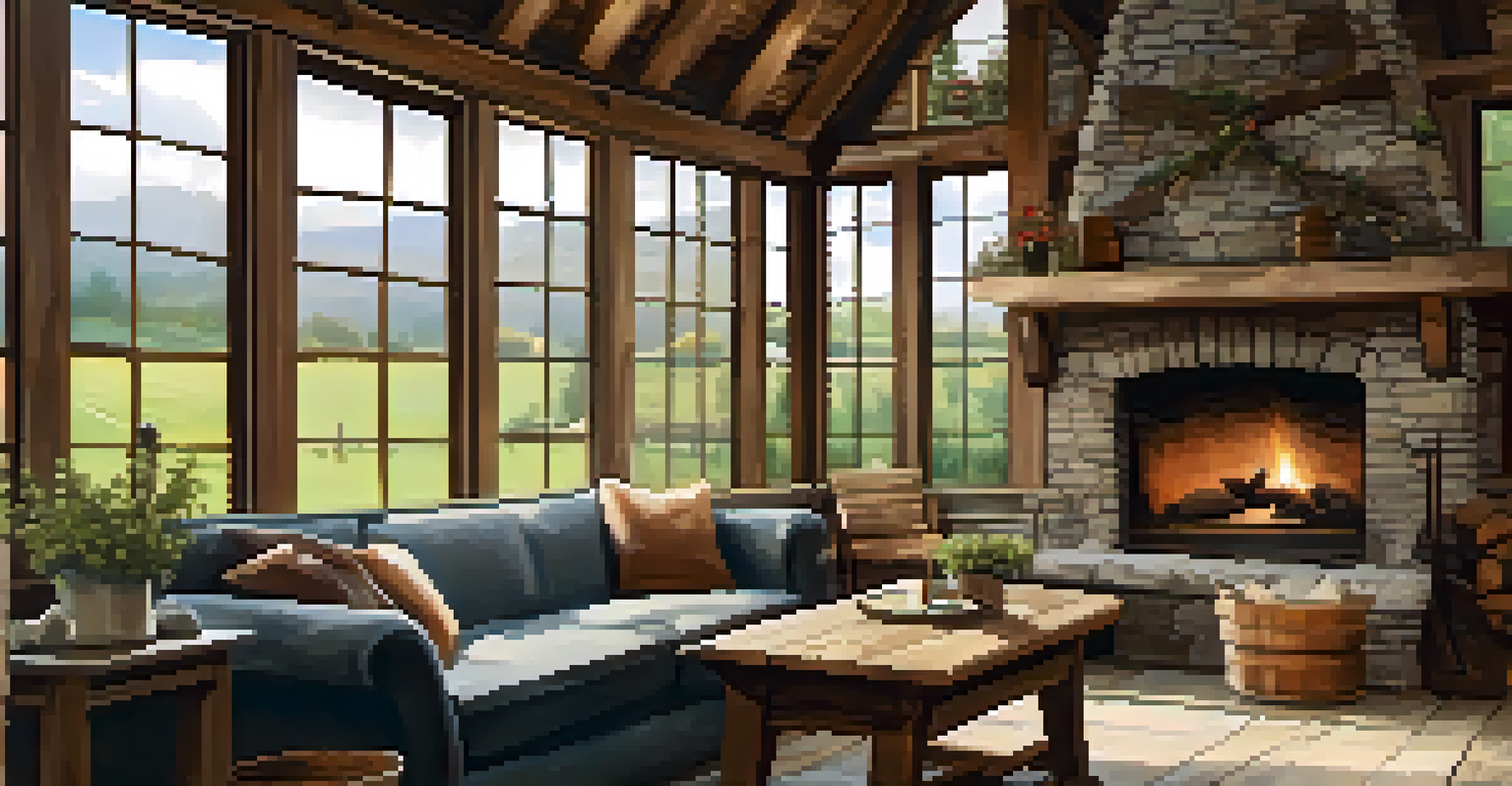 An inviting interior of a converted barn with rustic features and a beautiful view.