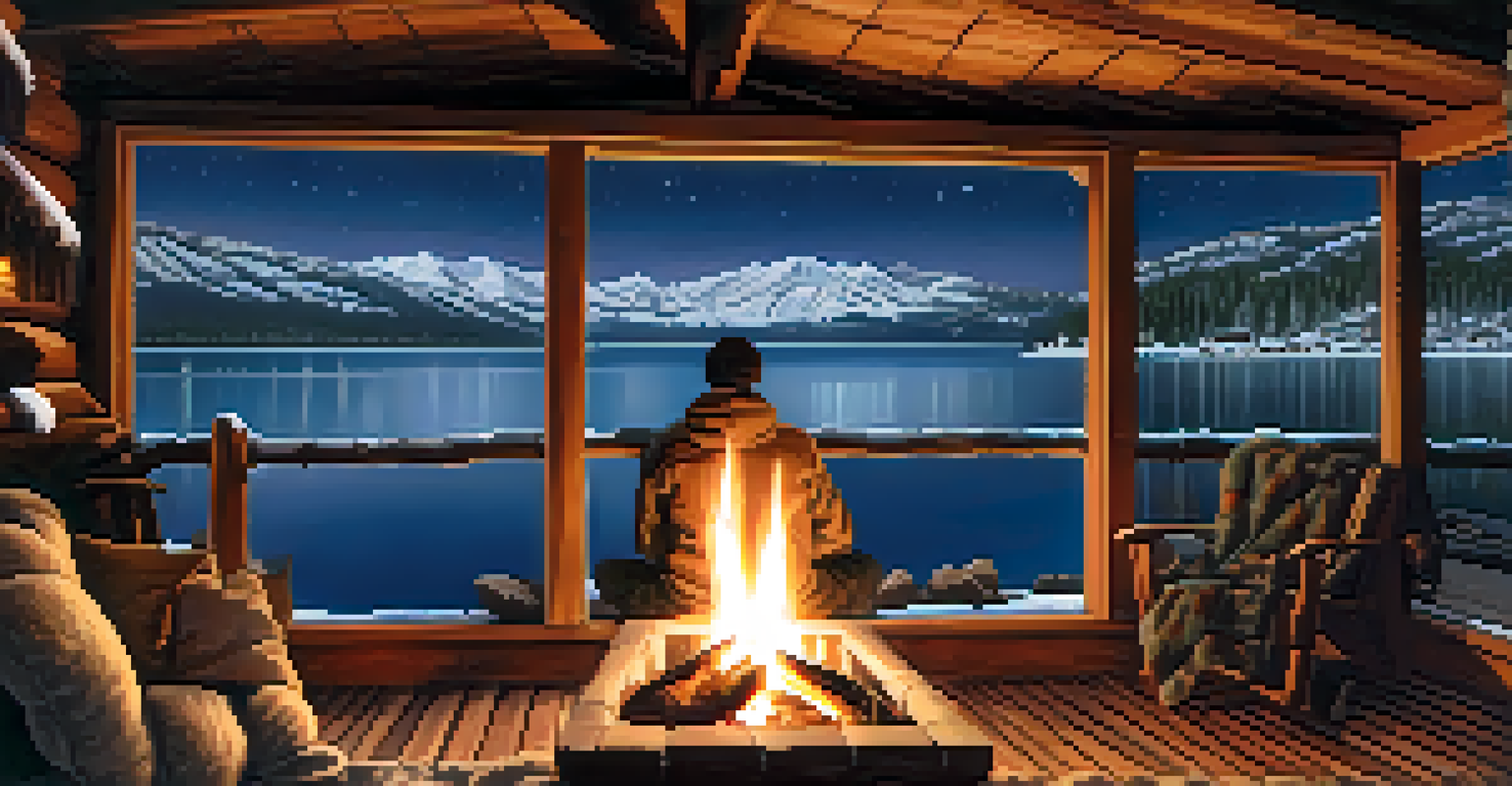 A couple enjoying the view from a lakeside cabin in Lake Tahoe, surrounded by snow and stars.