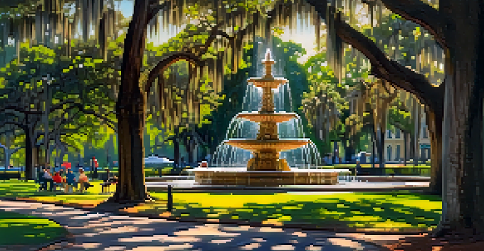 A view of Forsyth Park featuring a fountain, oak trees with Spanish moss, and people enjoying the park.