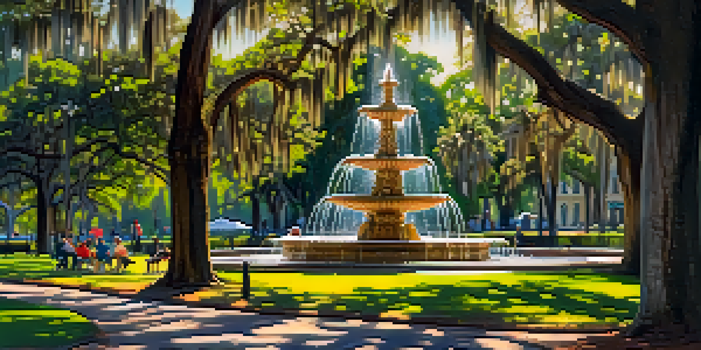 A view of Forsyth Park featuring a fountain, oak trees with Spanish moss, and people enjoying the park.