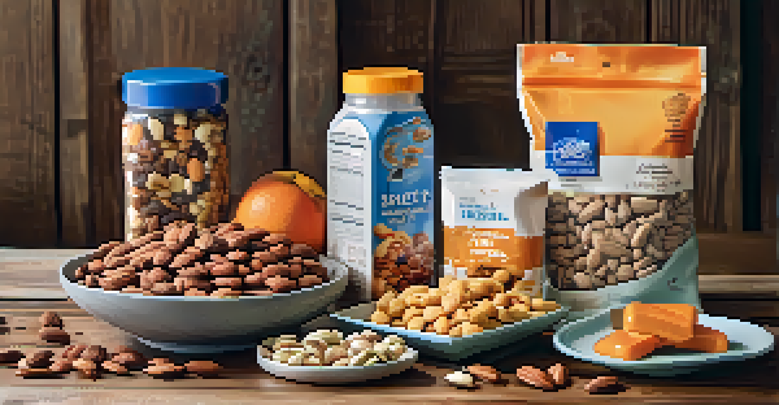 An assortment of healthy snacks like protein bars and nuts on a wooden table with a reusable water bottle.