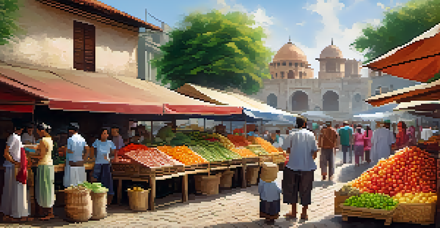 A lively local market scene with colorful fruits and vegetables, locals and tourists interacting, and historical buildings in the background, illuminated by warm sunlight.
