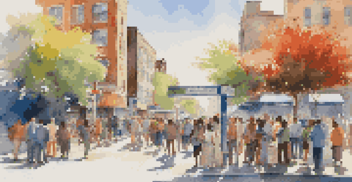 A busy city street with people at a bus stop, colorful buildings, and bright flowers in planters under a blue sky.