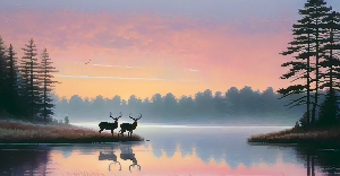 A peaceful dawn scene in a national park with a misty lake, silhouetted trees, and deer grazing at the water's edge.