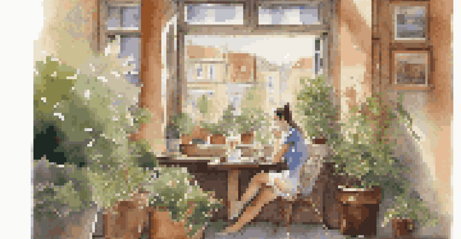 A woman in a cozy café, sipping coffee and reading a travel guide, with a view of a bustling street outside.