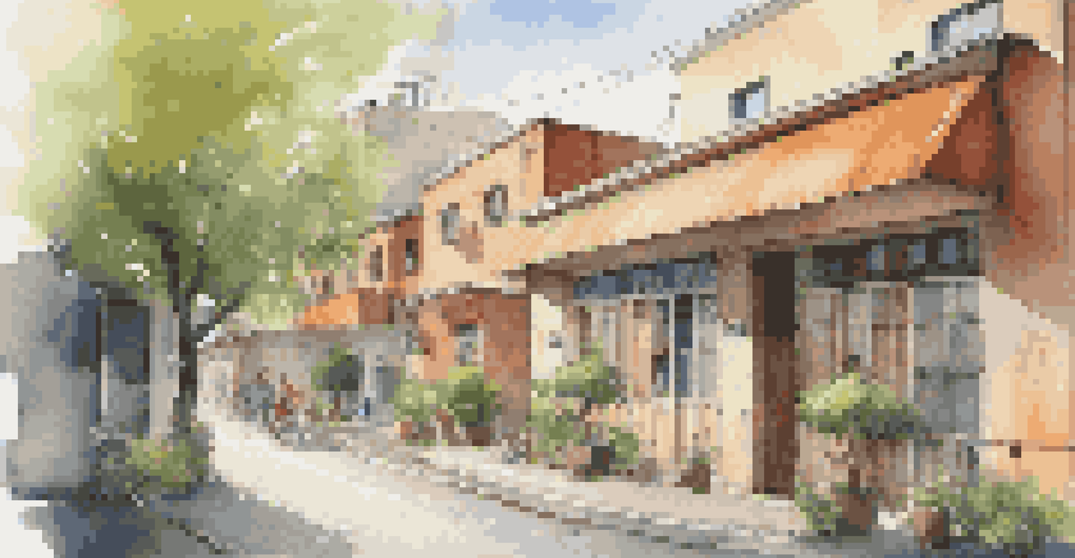 A hostel with a secure entrance in a lively neighborhood, surrounded by trees and cafes.