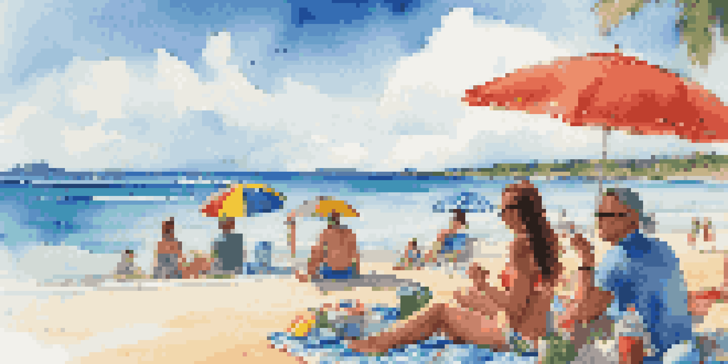 A lively beach scene with friends enjoying a picnic on a beach towel, surrounded by colorful accessories and clear blue waters.