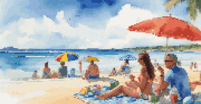 A lively beach scene with friends enjoying a picnic on a beach towel, surrounded by colorful accessories and clear blue waters.