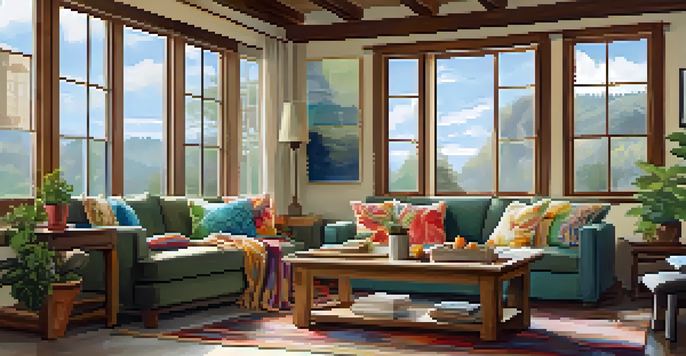 A warm and inviting living room of a vacation rental with a large sofa, wooden coffee table, and colorful decorations.