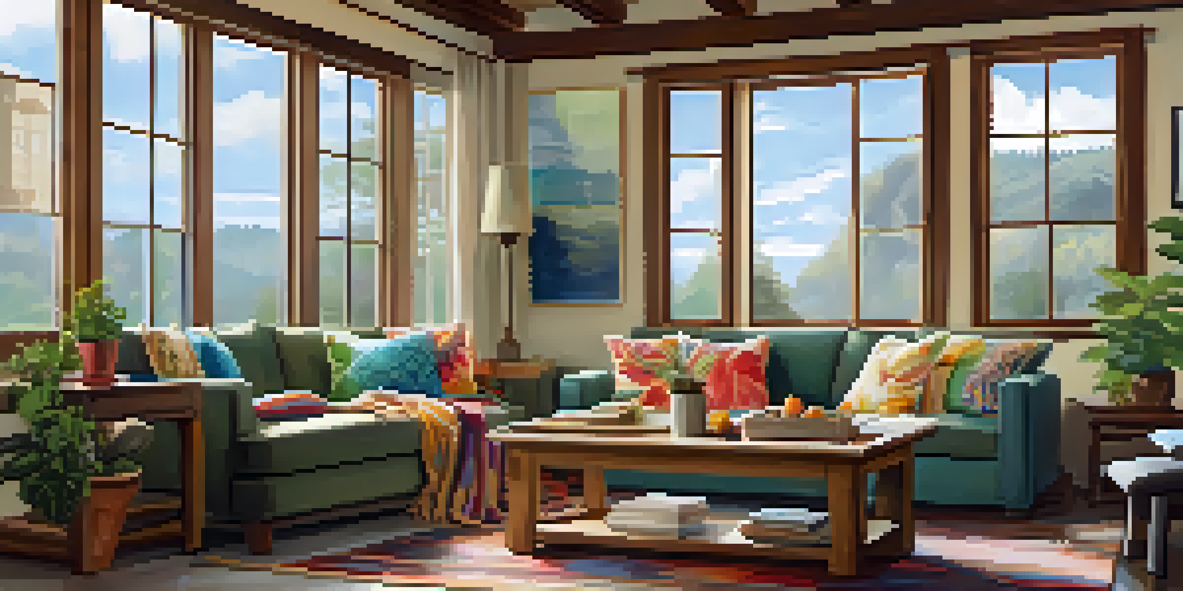 A warm and inviting living room of a vacation rental with a large sofa, wooden coffee table, and colorful decorations.
