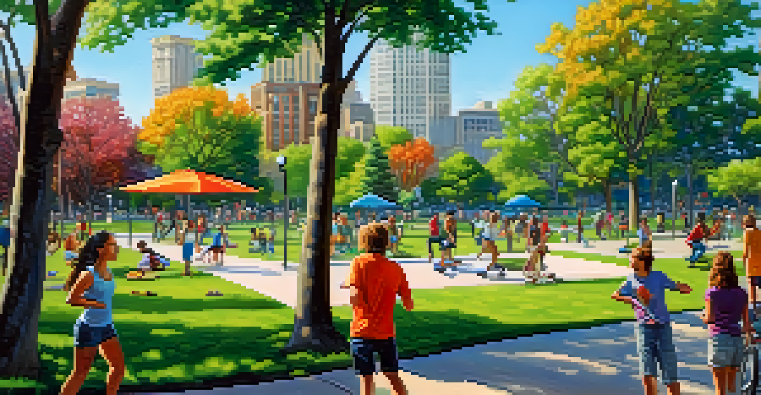A city park with teenagers skateboarding, painting, and playing frisbee.
