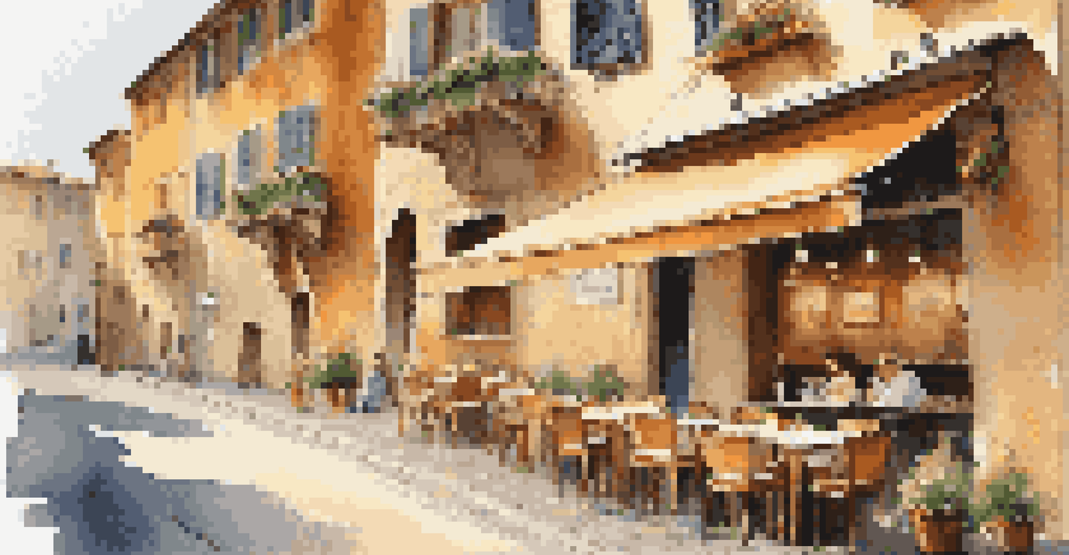 An artist painting outside a café in an Italian town, surrounded by charming architecture and warm colors.
