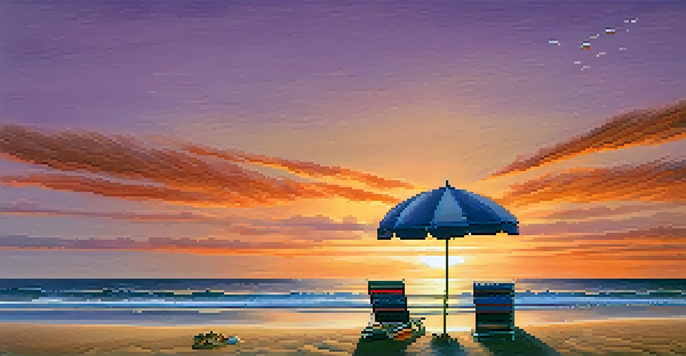 A tranquil beach at sunset with a colorful umbrella and flip-flops on the sand, warm hues in the sky reflecting on the water.