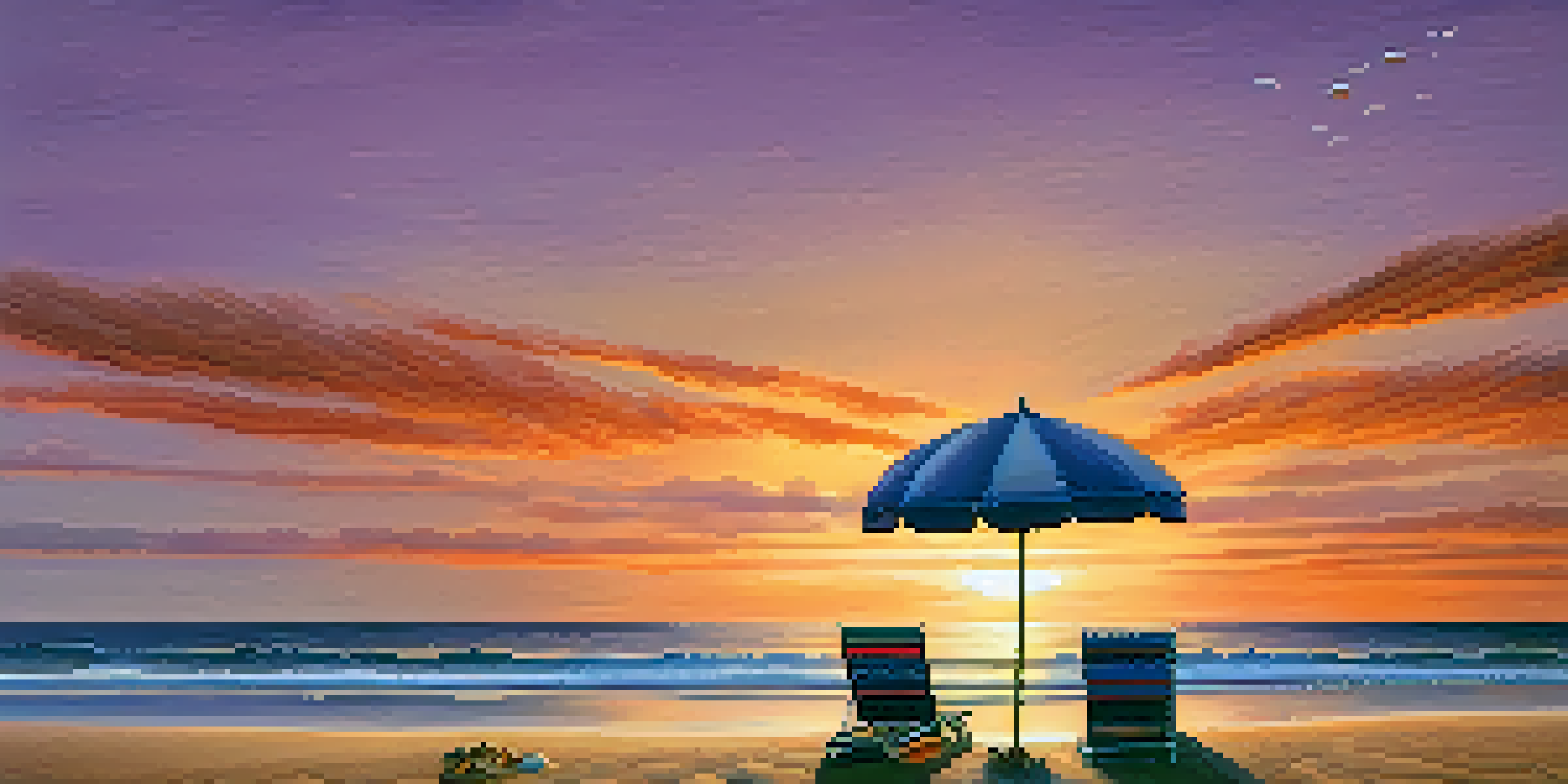 A tranquil beach at sunset with a colorful umbrella and flip-flops on the sand, warm hues in the sky reflecting on the water.