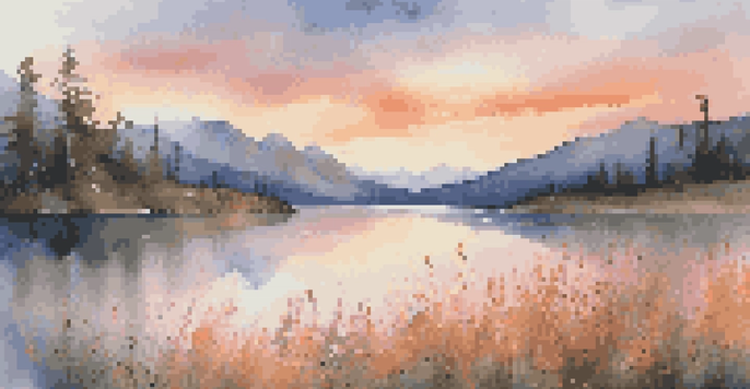 A scenic view of a lake at golden hour, with mountains in the background and colorful wildflowers in the foreground.
