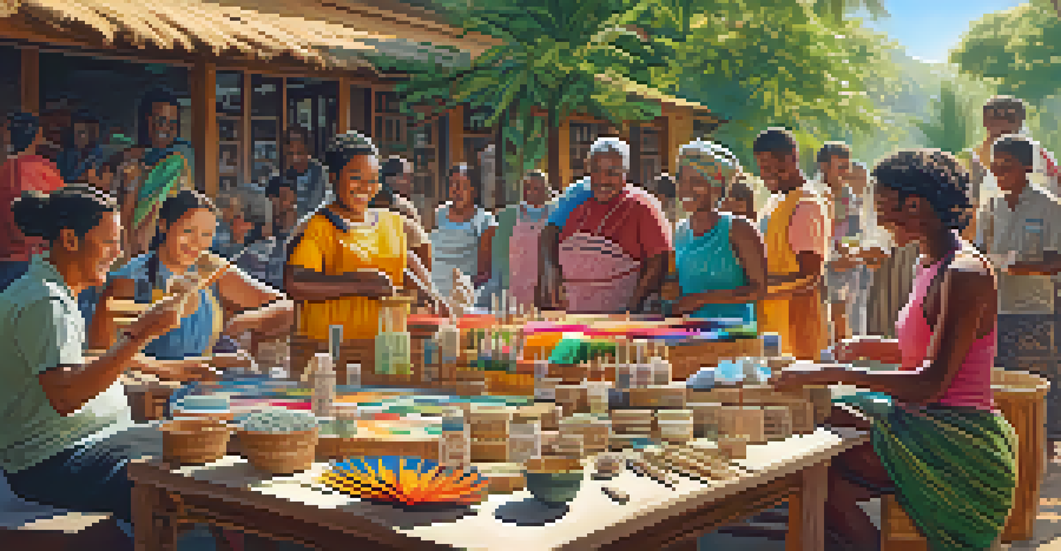 Travelers engaging in a workshop with local artisans, creating crafts and showcasing colorful handmade goods.