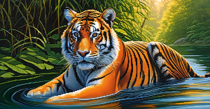 A majestic tiger resting by a riverbank with sunlight filtering through trees, creating a tranquil atmosphere.