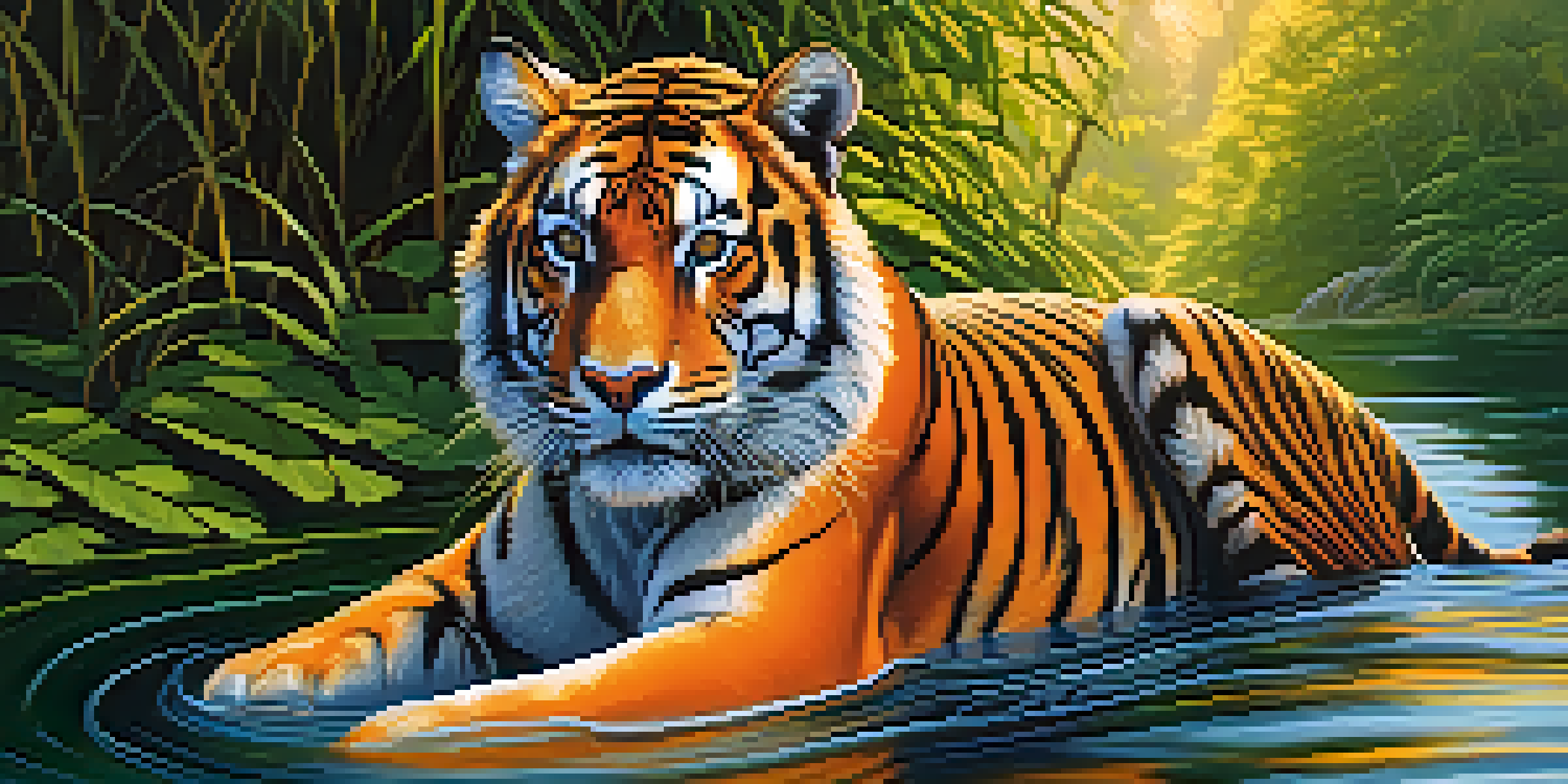 A majestic tiger resting by a riverbank with sunlight filtering through trees, creating a tranquil atmosphere.