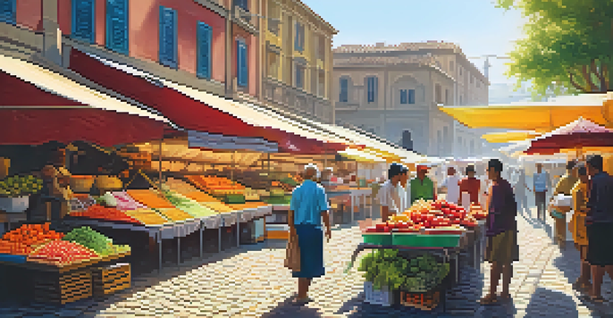 A lively street market with colorful stalls of fruits and vegetables, vendors interacting with customers in warm sunlight.