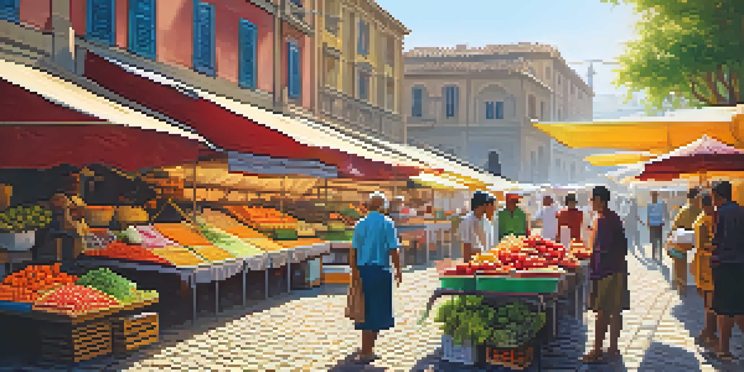 A lively street market with colorful stalls of fruits and vegetables, vendors interacting with customers in warm sunlight.