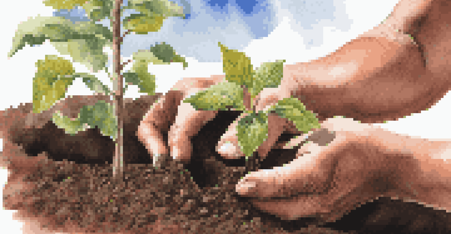 Hands planting a young tree in dark soil, with gardening tools and a blue sky in the background.