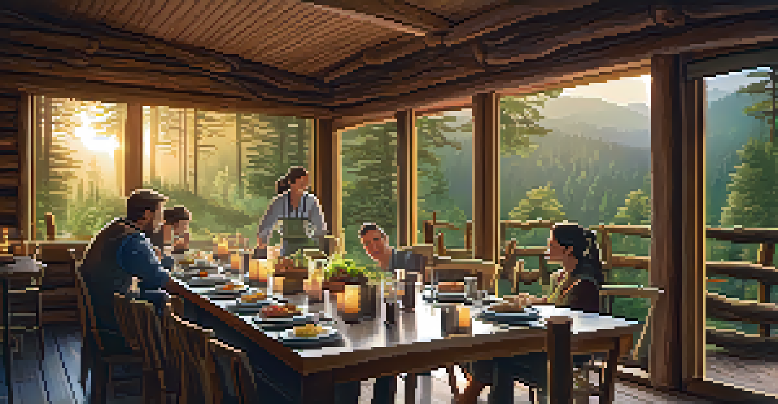 A communal dining area in an eco-lodge where guests enjoy organic meals and share stories.