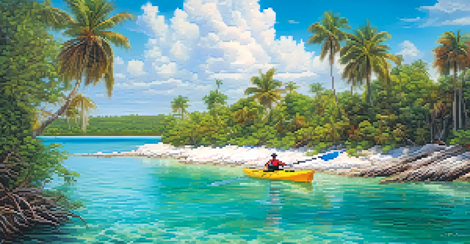 A kayaker exploring clear turquoise waters in the Florida Keys, surrounded by coral and marine life, with palm trees and a distant island.