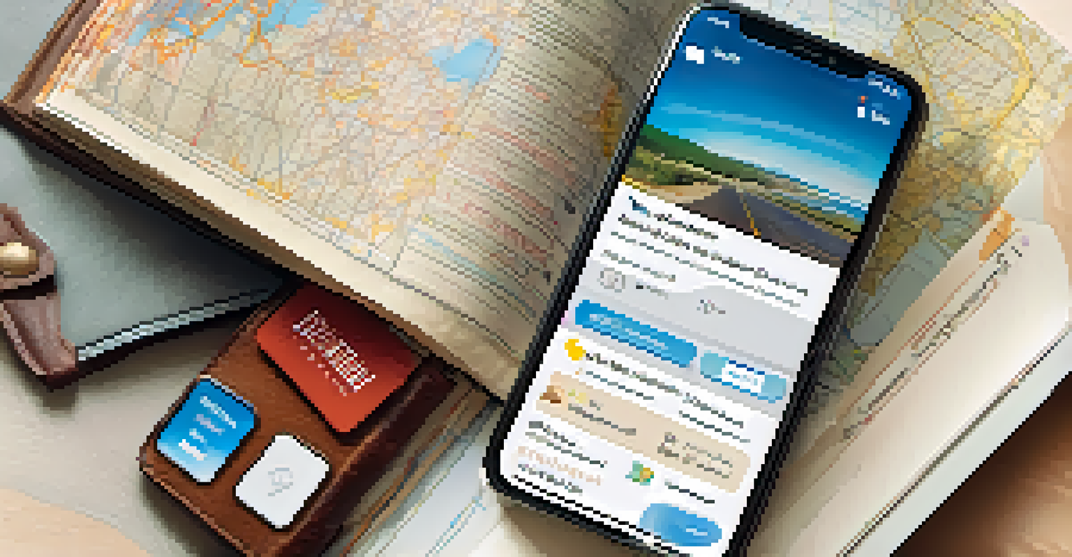 A smartphone showing a travel app with alerts on a travel journal, surrounded by a passport and a globe.